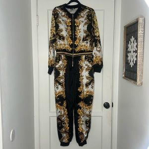 Fashion Nova Black, White & Gold Floral Print Jumpsuit